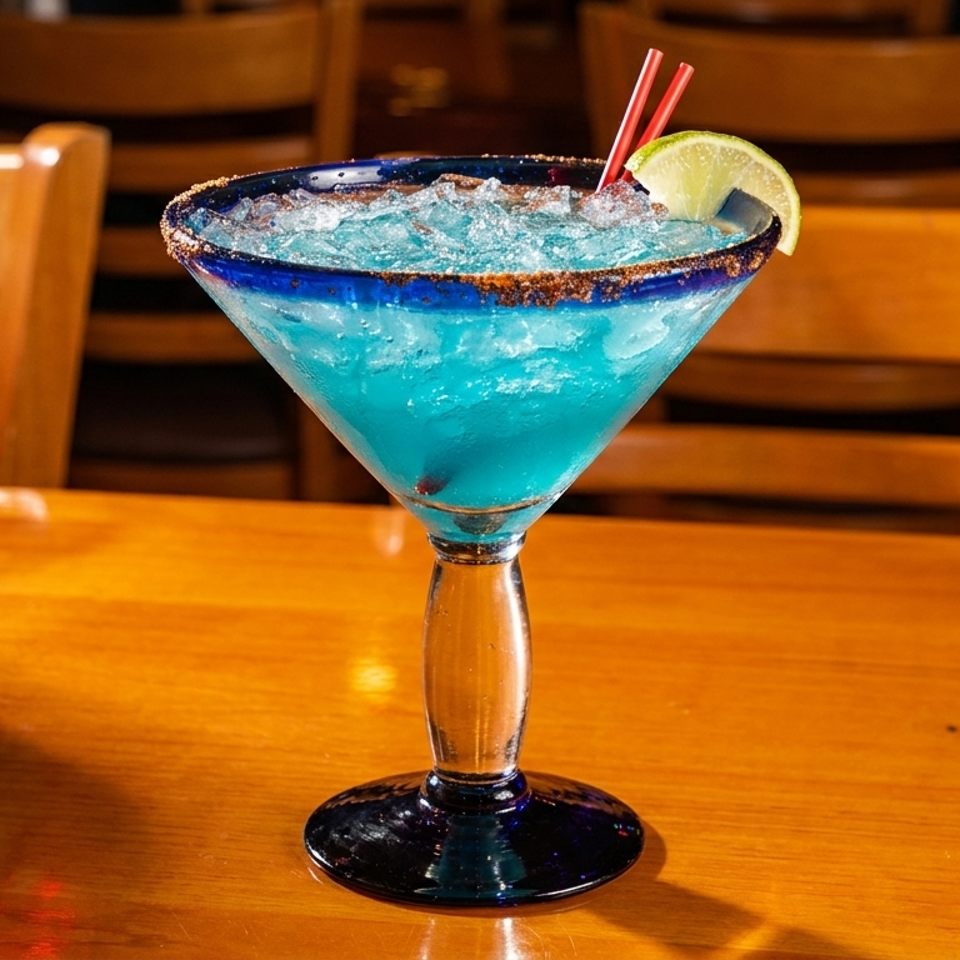 Blue margarita with ice, lime, and red straws on a wooden table with chairs in the background.