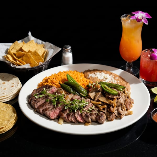 Mexican steak dinner with rice, beans, tortillas, chips, salsa, and two cocktails.
