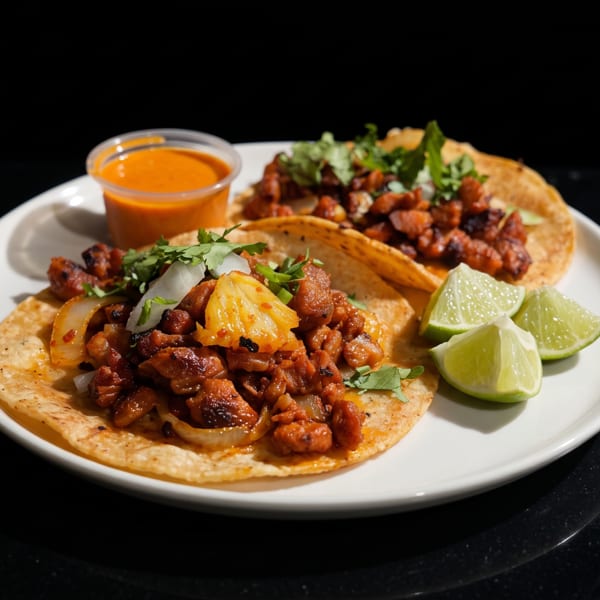 Two al pastor tacos with pineapple, onions, cilantro, lime wedges, and orange sauce on a white plate.