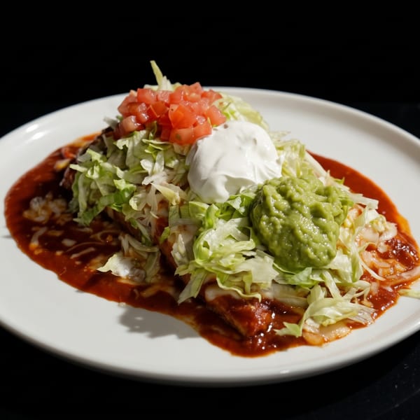 A large burrito covered in red sauce, lettuce, diced tomatoes, sour cream, and guacamole.