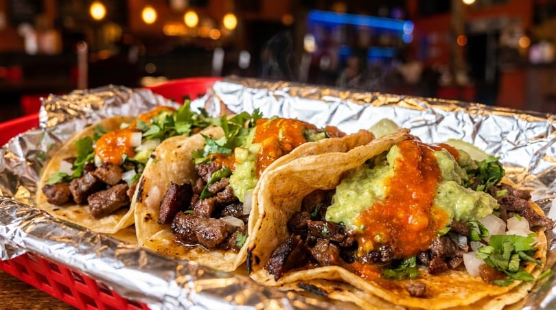 Three steaming carne asada street tacos with guacamole and salsa in a red basket.
