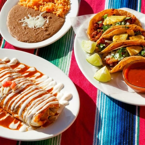 A burrito, tacos, rice, and beans on a colorful striped tablecloth.