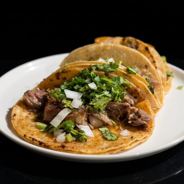 Three street tacos with meat, cilantro, and diced onions on a white plate.